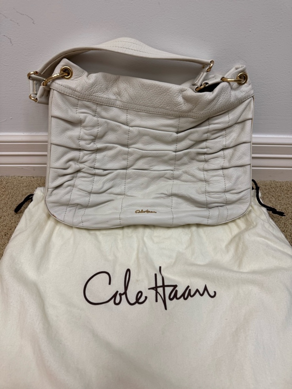 Cole Haan Off-White Ruched Leather Hobo Bag with Gold Hardware